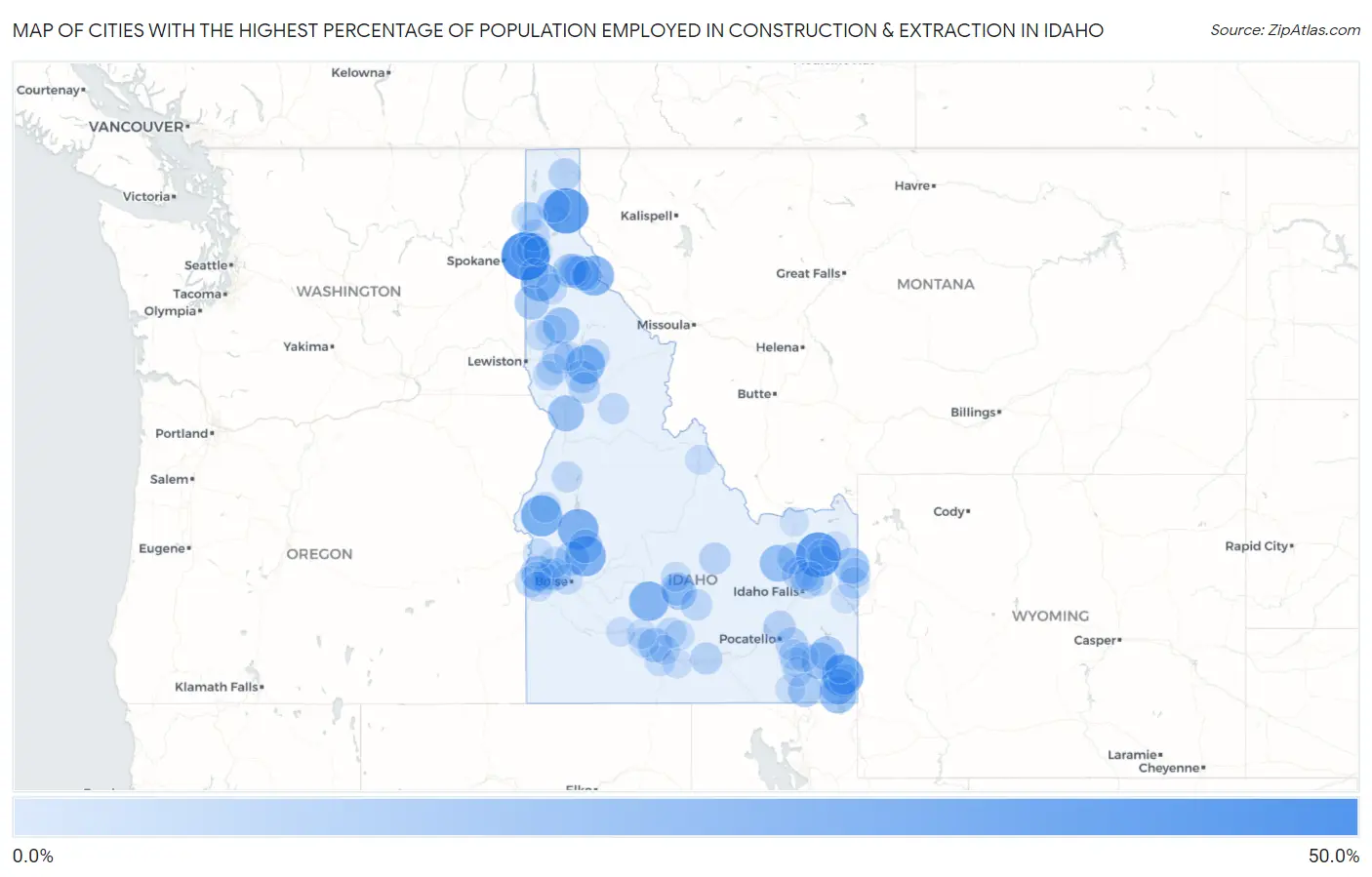 Cities with the Highest Percentage of Population Employed in Construction & Extraction in Idaho Map