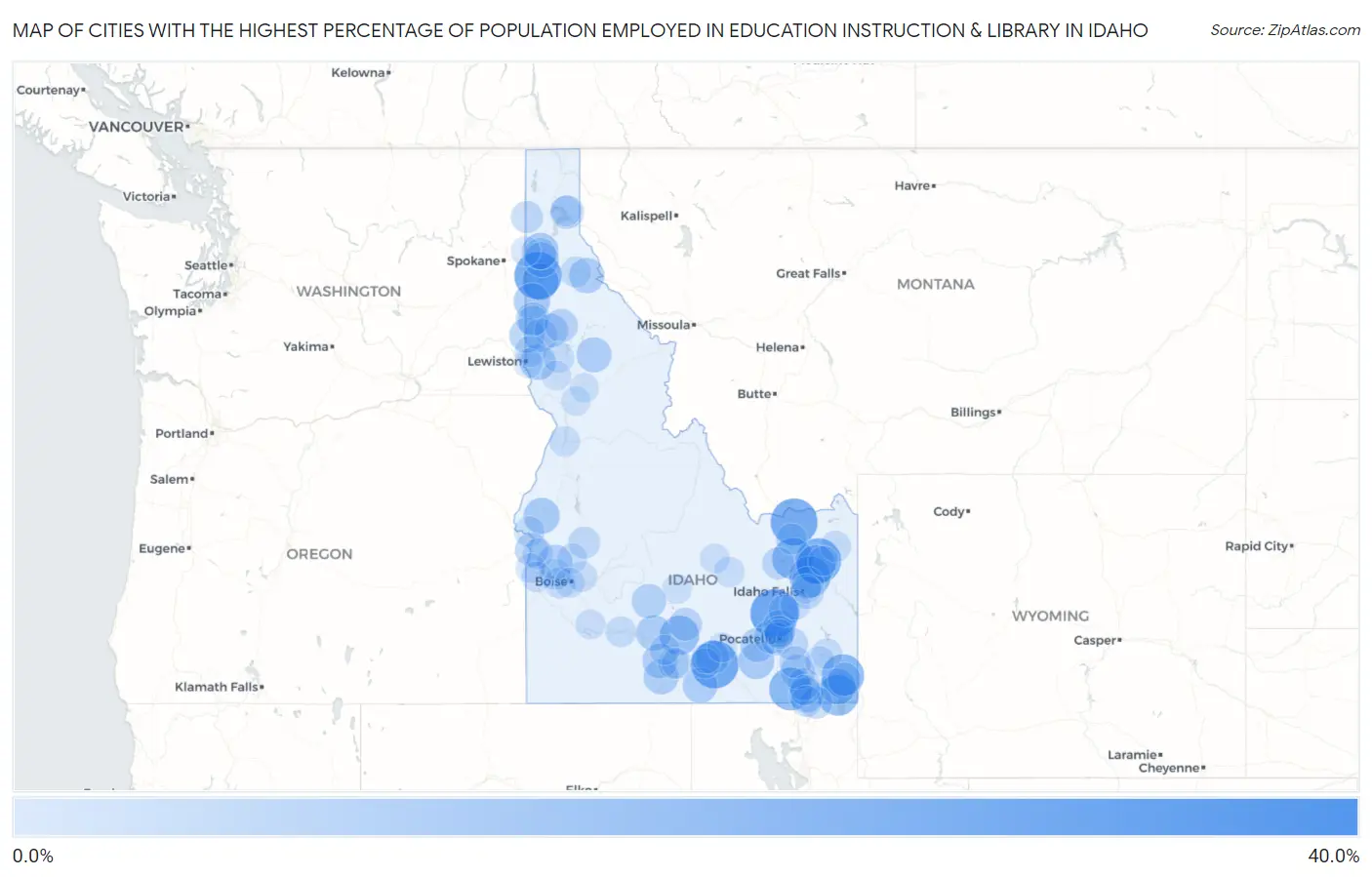 Cities with the Highest Percentage of Population Employed in Education Instruction & Library in Idaho Map