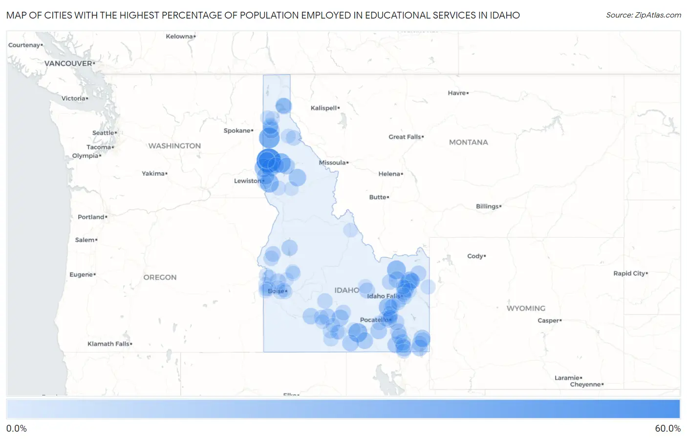 Cities with the Highest Percentage of Population Employed in Educational Services in Idaho Map