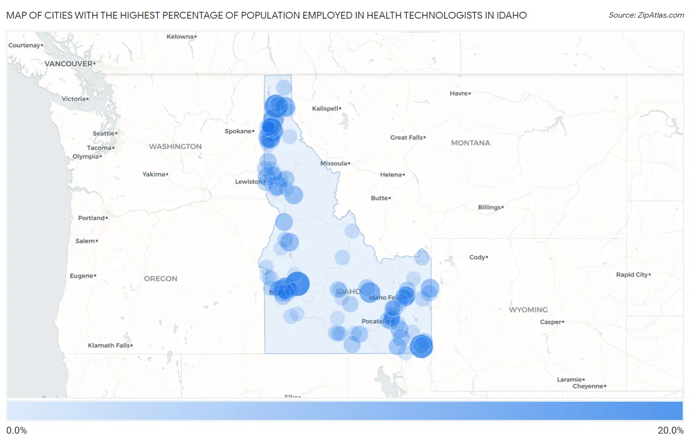 Cities with the Highest Percentage of Population Employed in Health Technologists in Idaho Map
