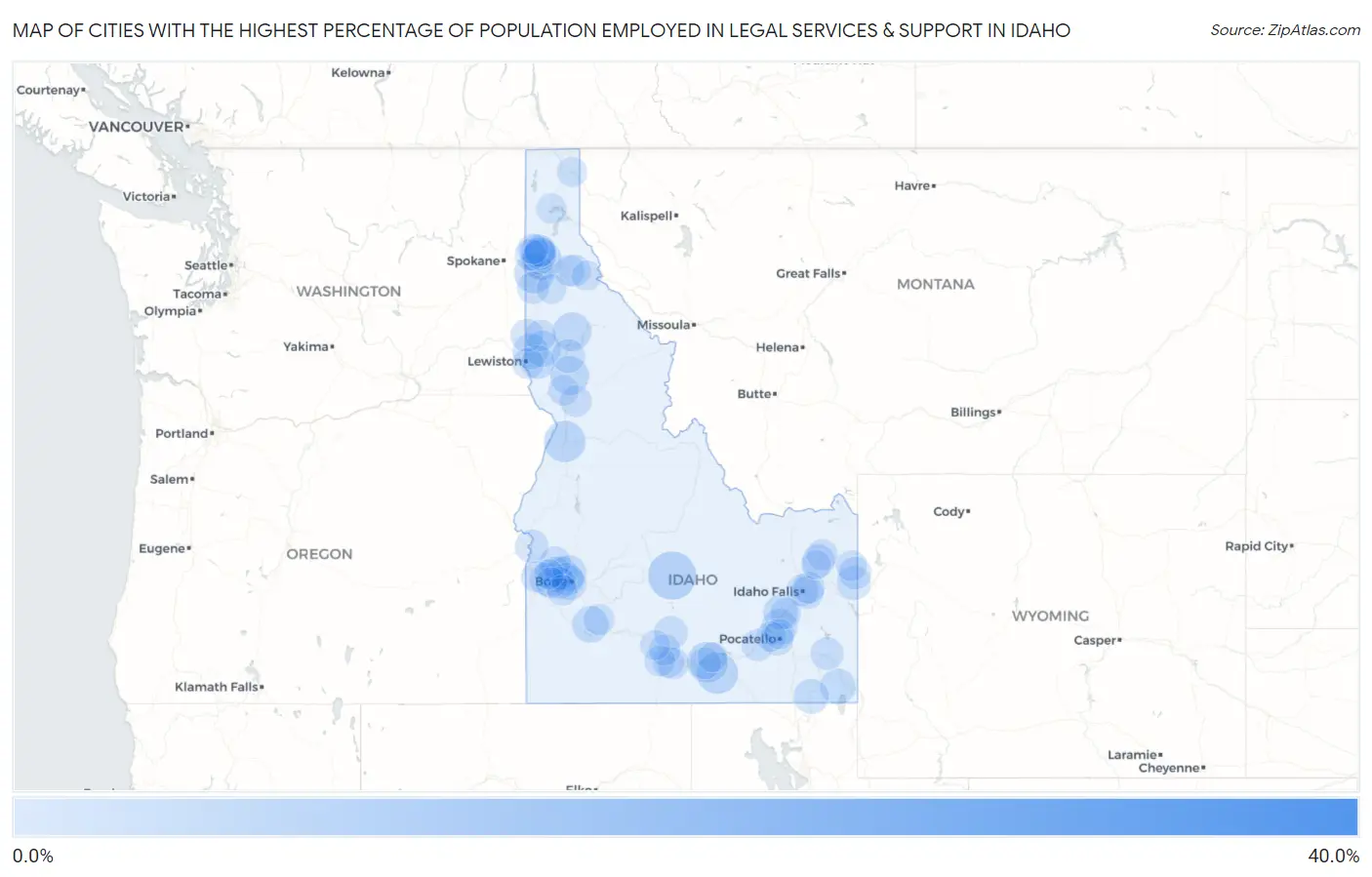 Cities with the Highest Percentage of Population Employed in Legal Services & Support in Idaho Map