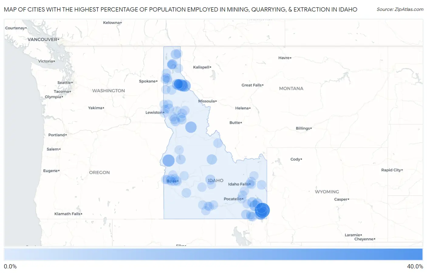 Cities with the Highest Percentage of Population Employed in Mining, Quarrying, & Extraction in Idaho Map