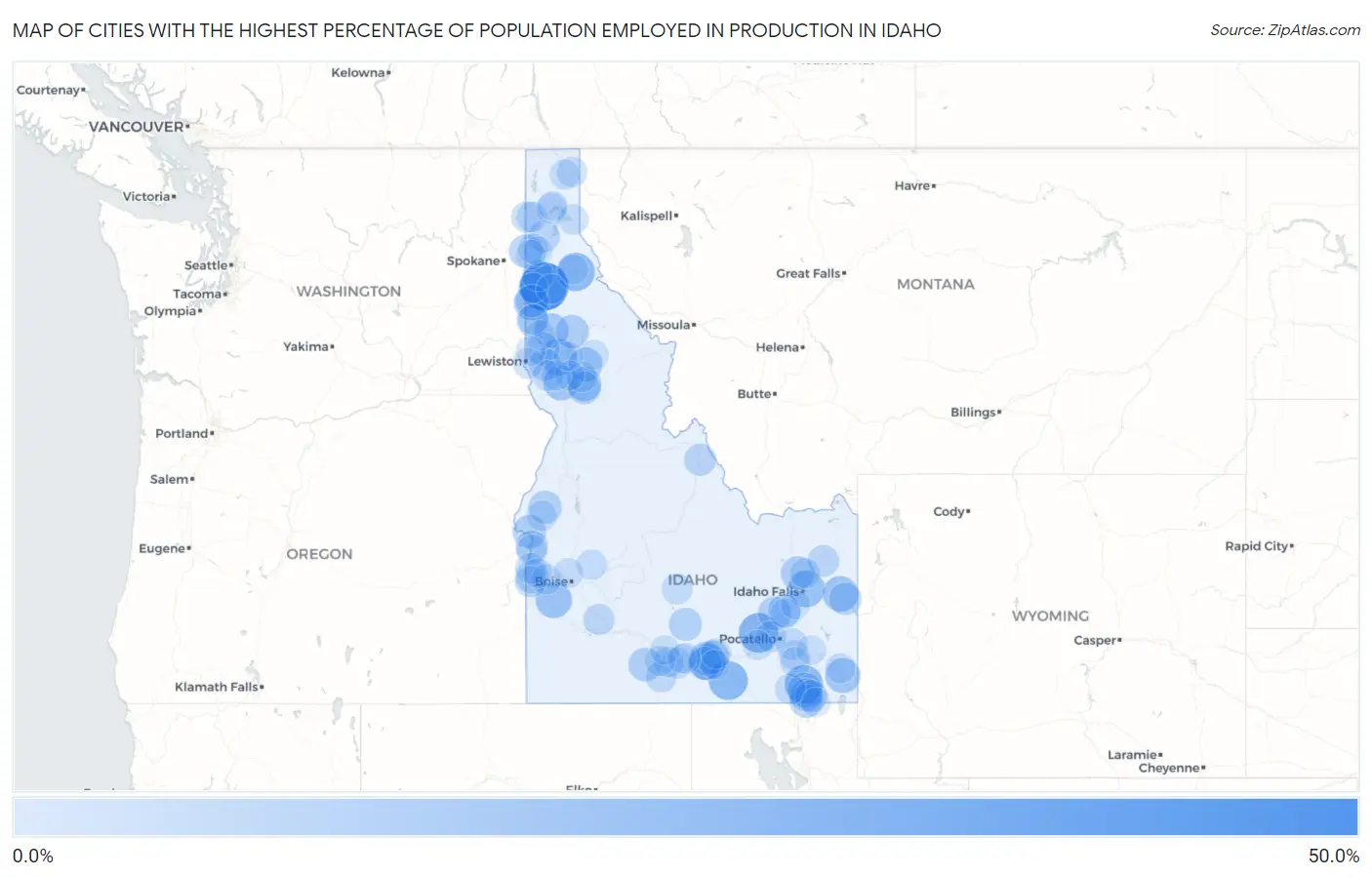 Cities with the Highest Percentage of Population Employed in Production in Idaho Map