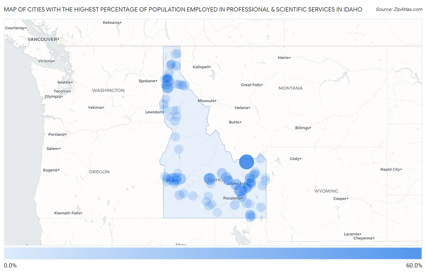 Cities with the Highest Percentage of Population Employed in Professional & Scientific Services in Idaho Map
