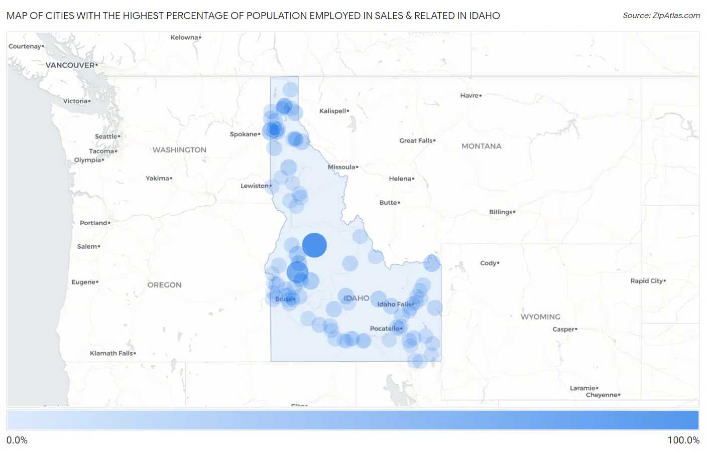 Cities with the Highest Percentage of Population Employed in Sales & Related in Idaho Map