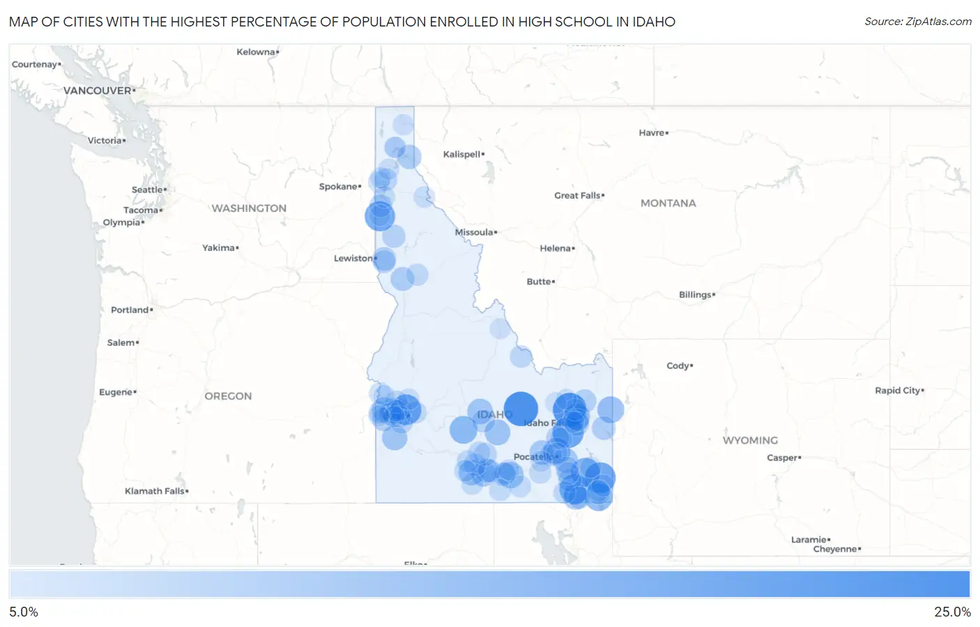 Cities with the Highest Percentage of Population Enrolled in High School in Idaho Map