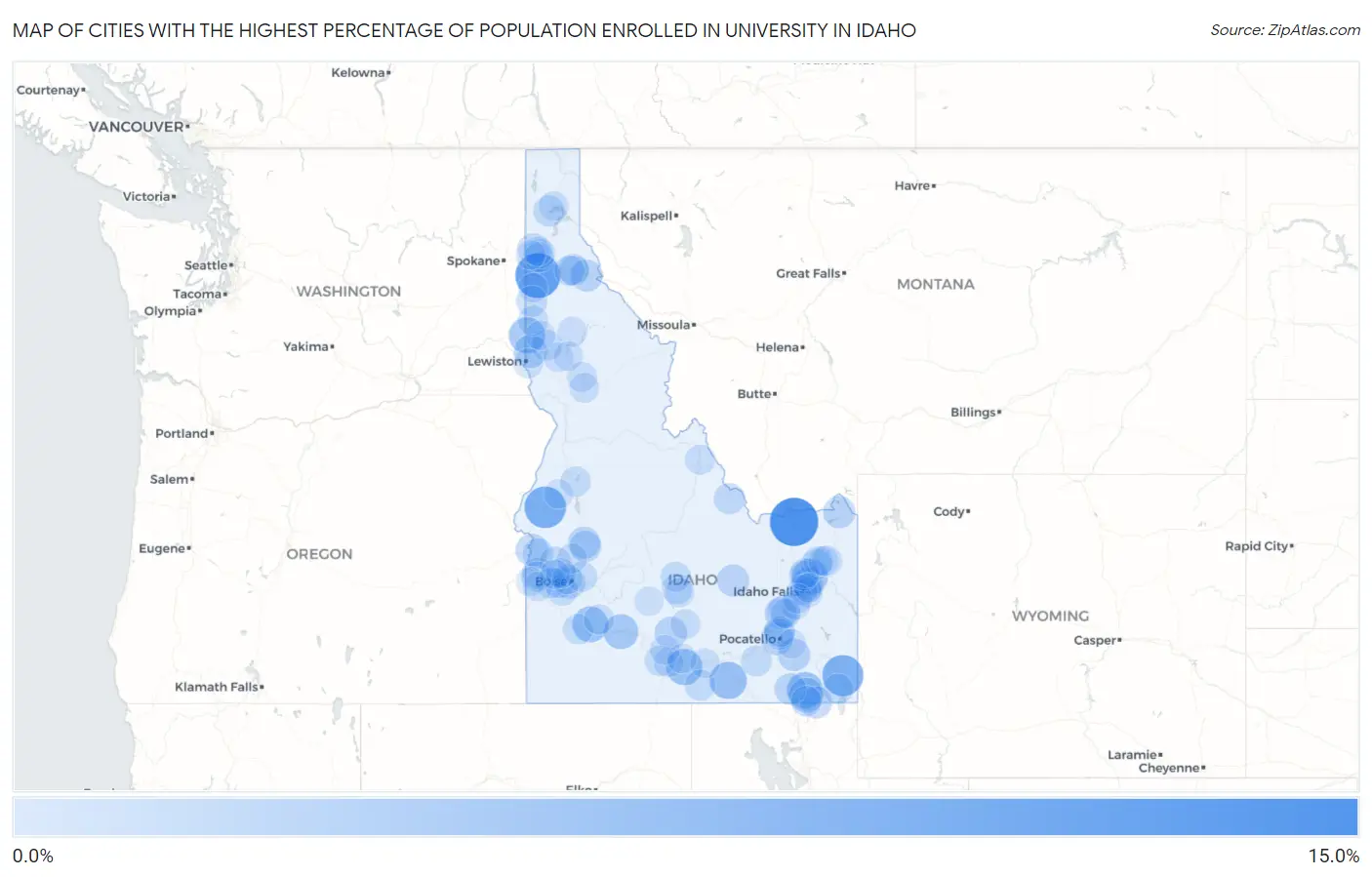 Cities with the Highest Percentage of Population Enrolled in University in Idaho Map