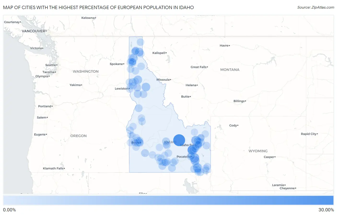 Cities with the Highest Percentage of European Population in Idaho Map