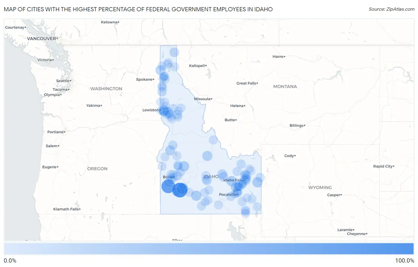 Cities with the Highest Percentage of Federal Government Employees in Idaho Map