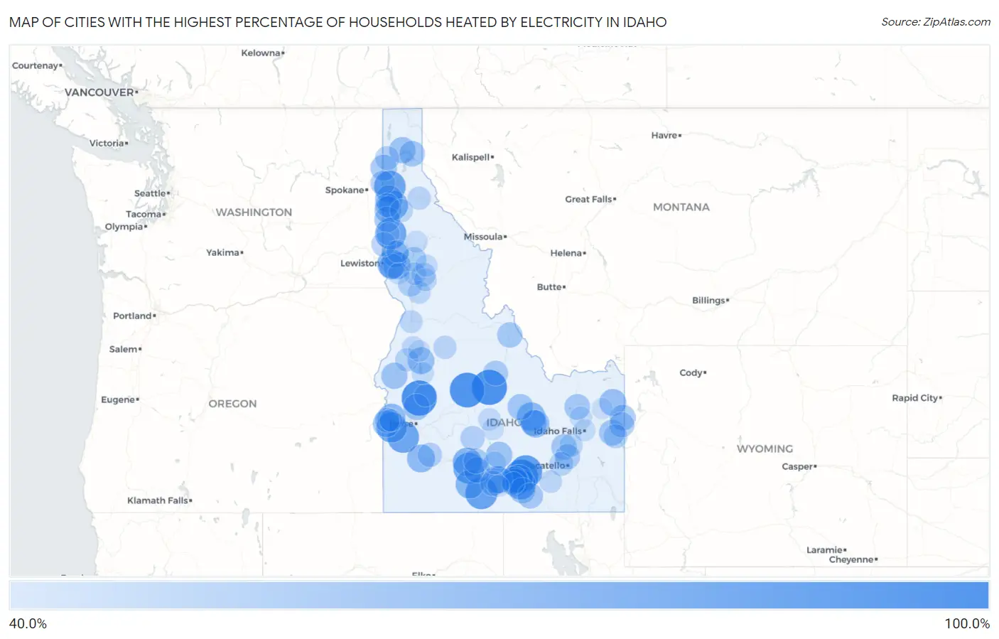 Cities with the Highest Percentage of Households Heated by Electricity in Idaho Map