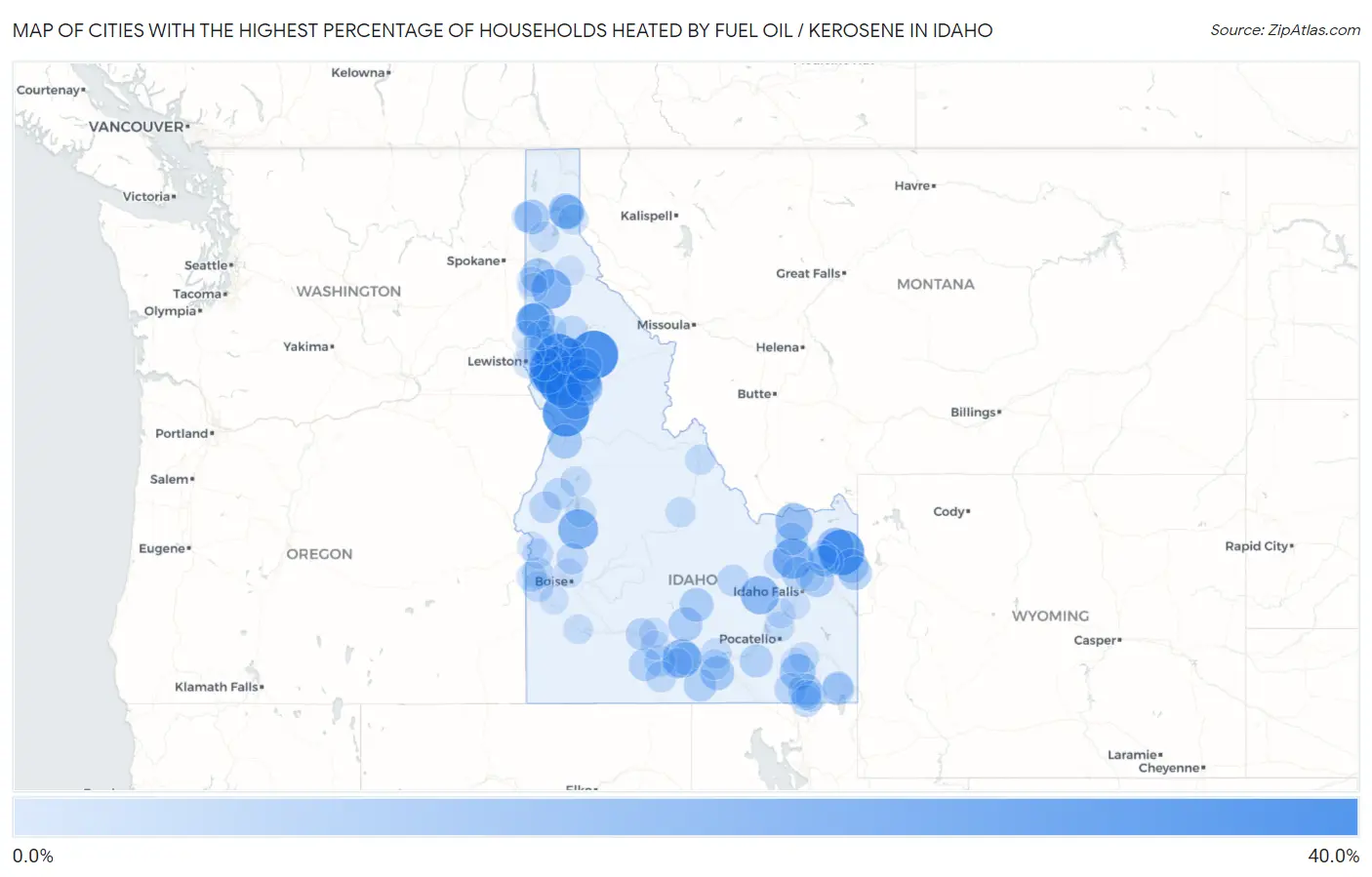 Cities with the Highest Percentage of Households Heated by Fuel Oil / Kerosene in Idaho Map