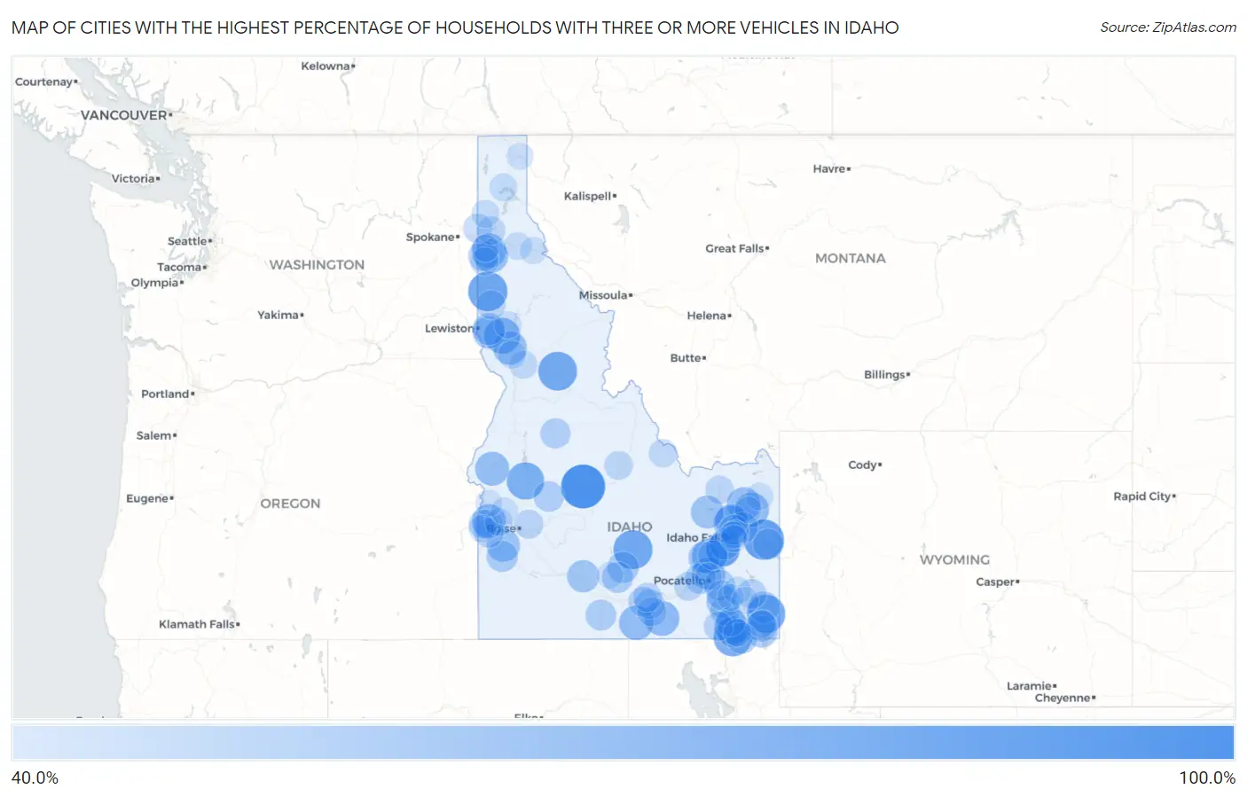 Cities with the Highest Percentage of Households With Three or more Vehicles in Idaho Map