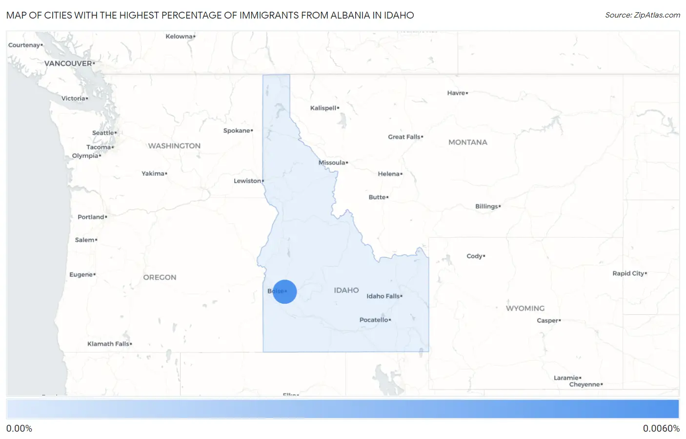 Cities with the Highest Percentage of Immigrants from Albania in Idaho Map