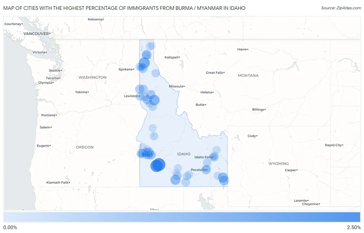Cities with the Highest Percentage of Immigrants from Burma / Myanmar in Idaho Map
