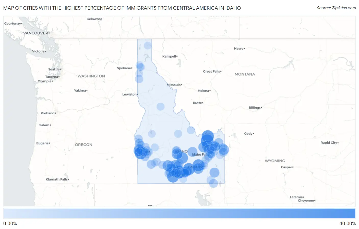 Cities with the Highest Percentage of Immigrants from Central America in Idaho Map
