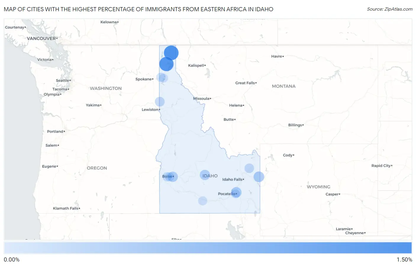 Cities with the Highest Percentage of Immigrants from Eastern Africa in Idaho Map