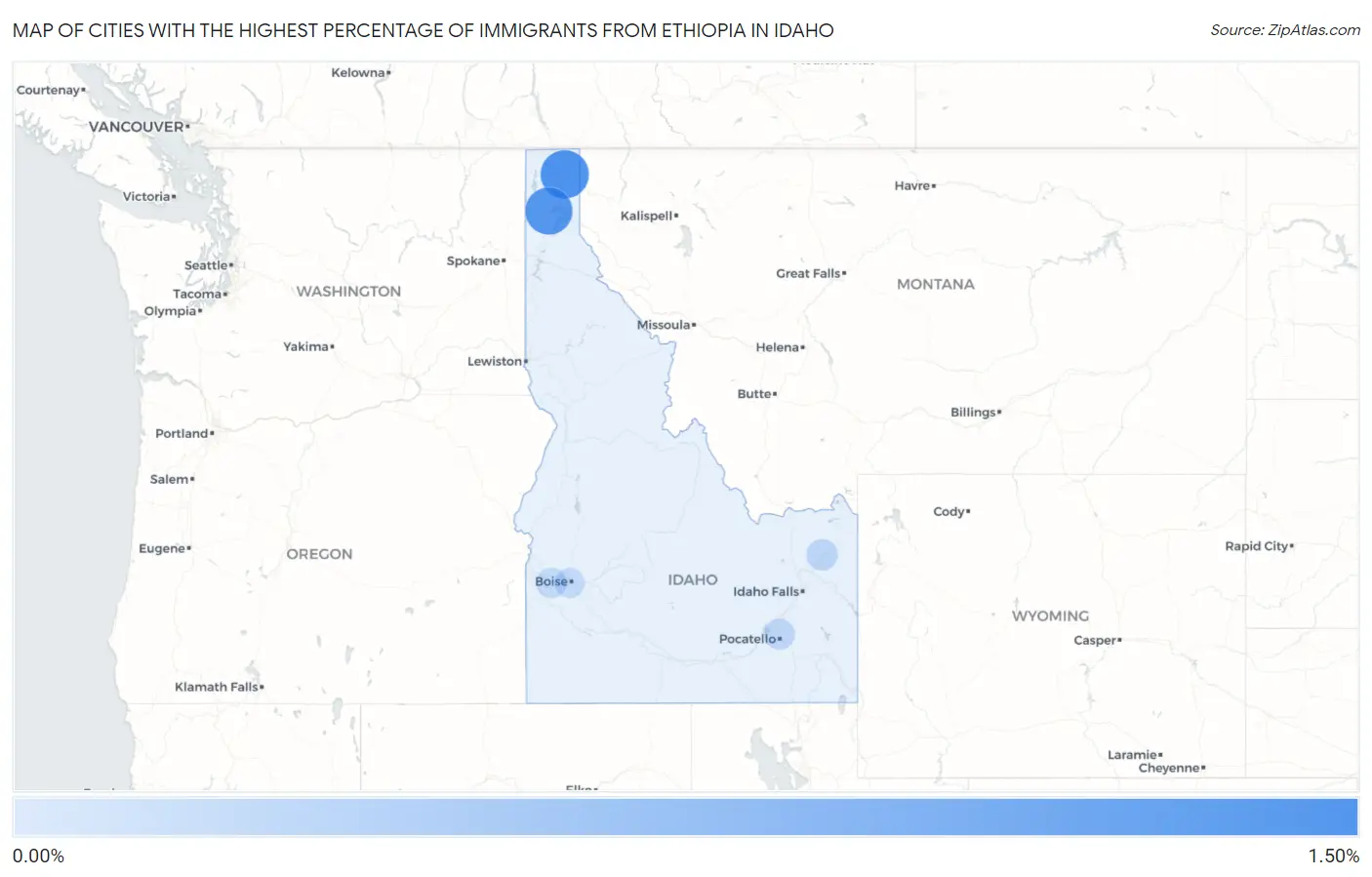 Cities with the Highest Percentage of Immigrants from Ethiopia in Idaho Map