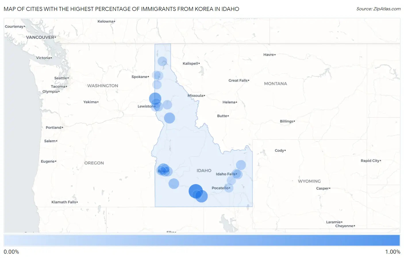 Cities with the Highest Percentage of Immigrants from Korea in Idaho Map
