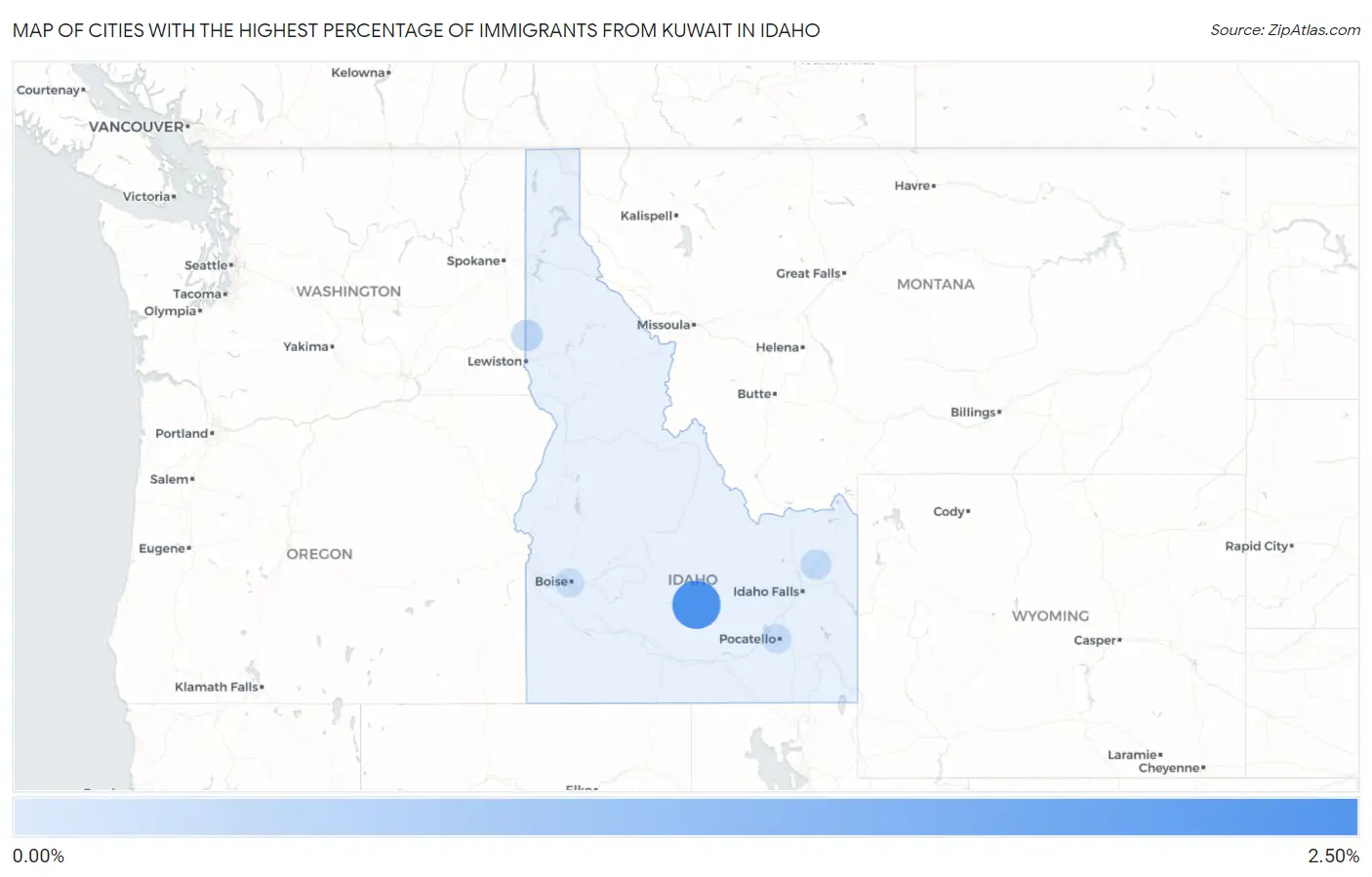 Cities with the Highest Percentage of Immigrants from Kuwait in Idaho Map