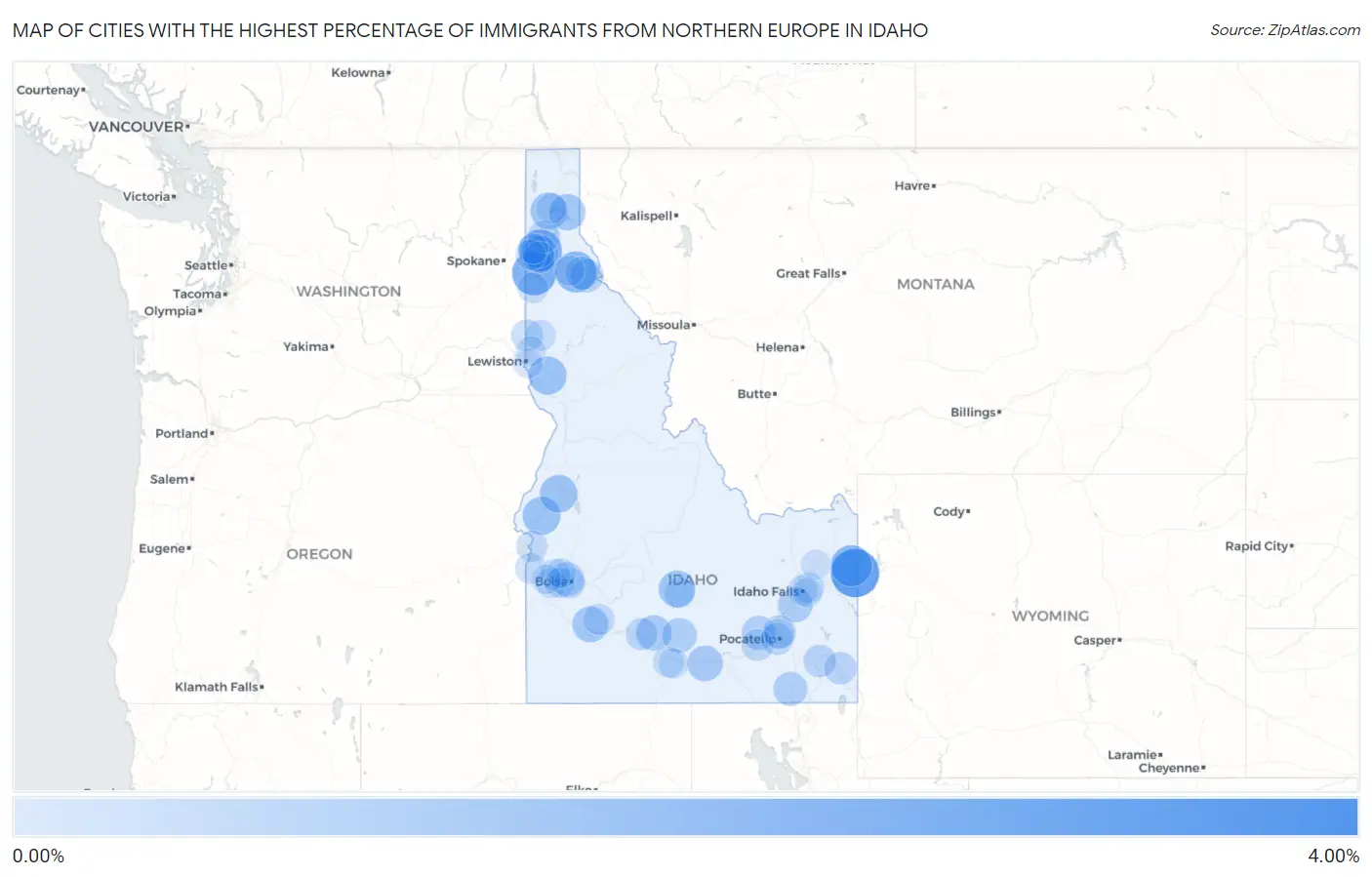 Cities with the Highest Percentage of Immigrants from Northern Europe in Idaho Map