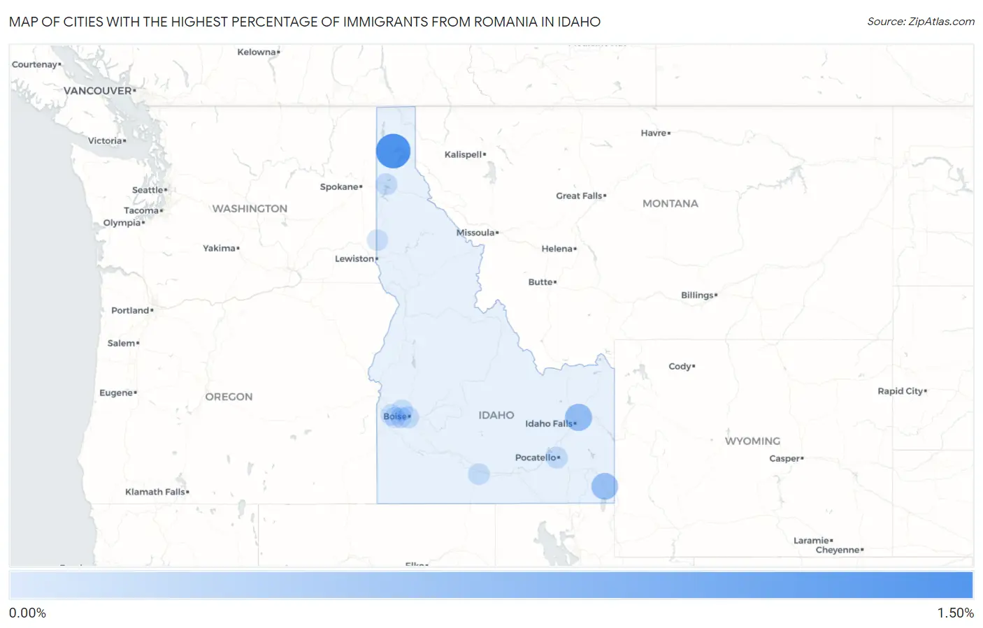 Cities with the Highest Percentage of Immigrants from Romania in Idaho Map
