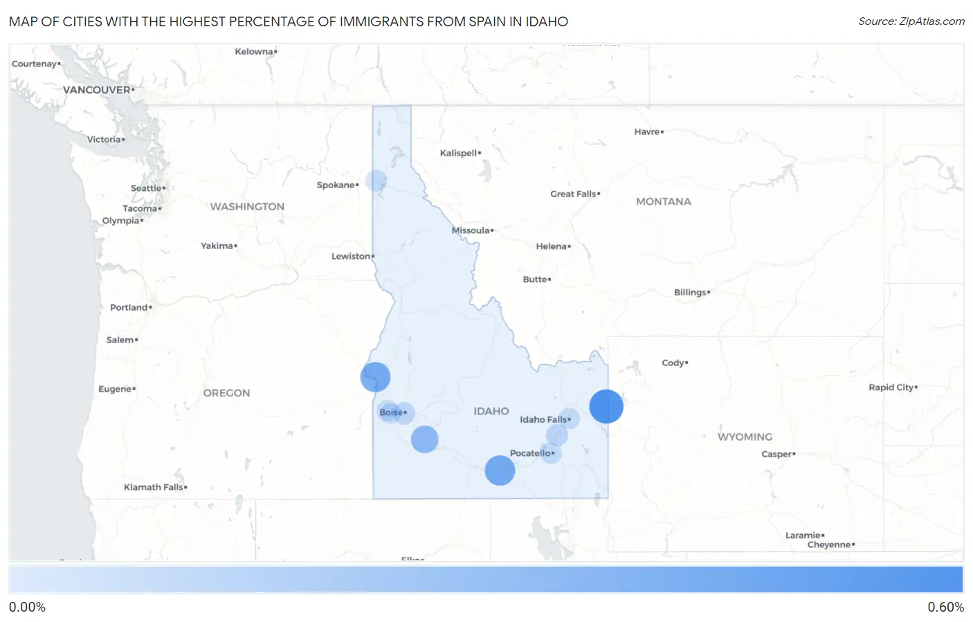 Cities with the Highest Percentage of Immigrants from Spain in Idaho Map