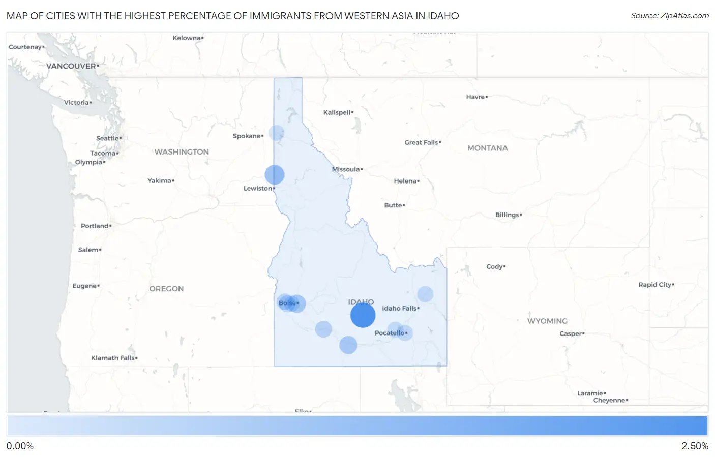 Cities with the Highest Percentage of Immigrants from Western Asia in Idaho Map