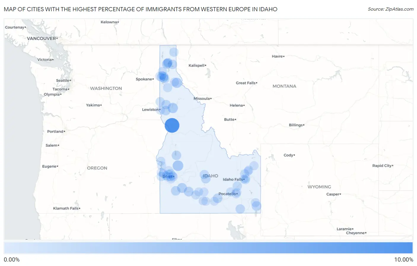 Cities with the Highest Percentage of Immigrants from Western Europe in Idaho Map