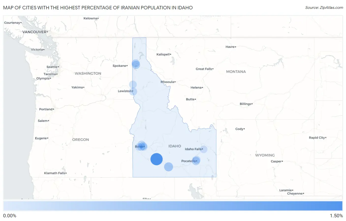 Cities with the Highest Percentage of Iranian Population in Idaho Map