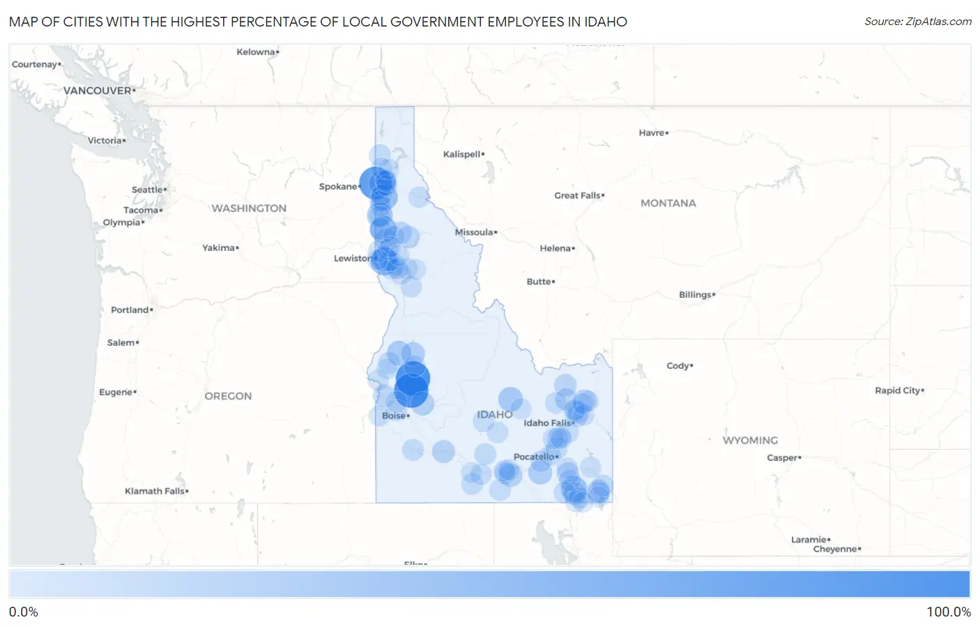 Cities with the Highest Percentage of Local Government Employees in Idaho Map