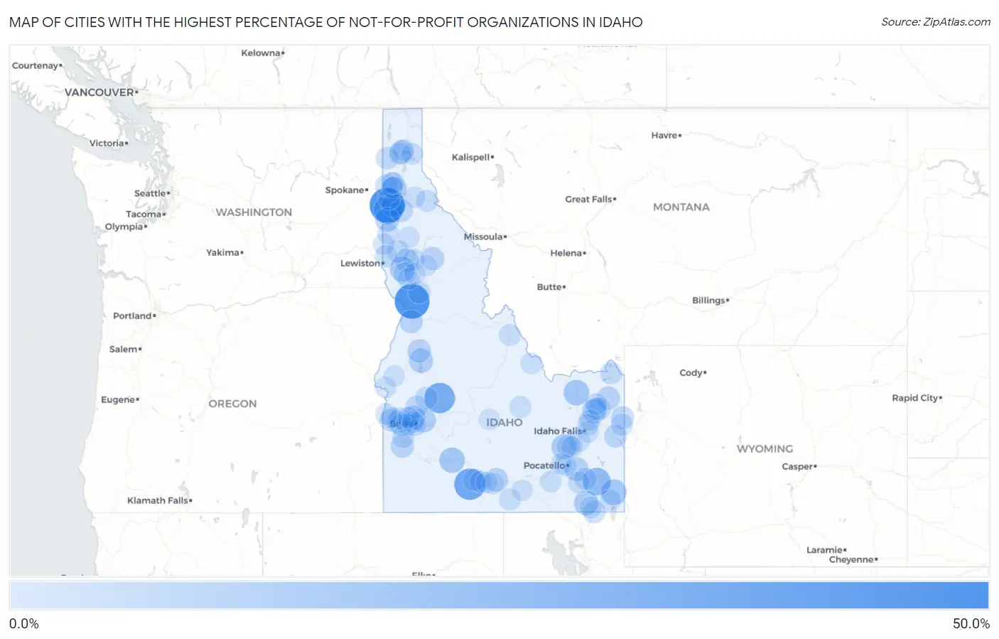 Cities with the Highest Percentage of Not-for-profit Organizations in Idaho Map