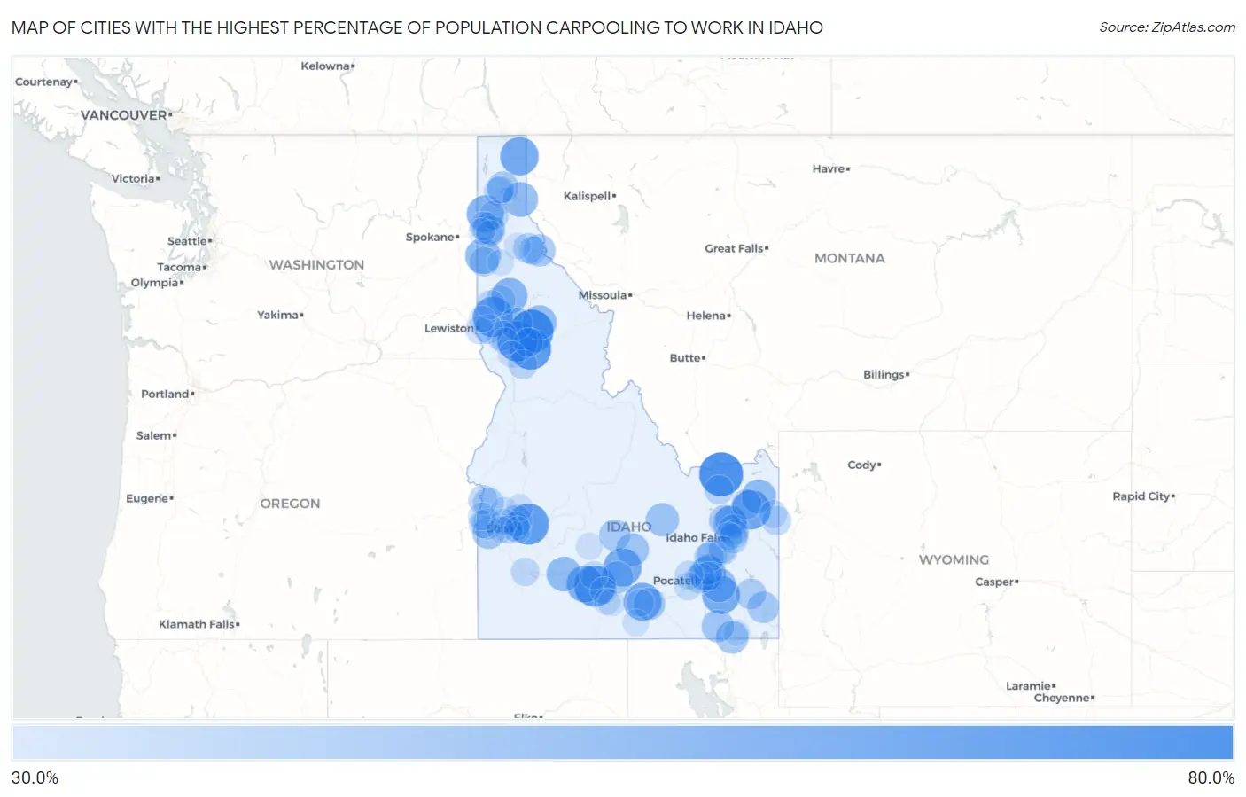 Cities with the Highest Percentage of Population Carpooling to Work in Idaho Map