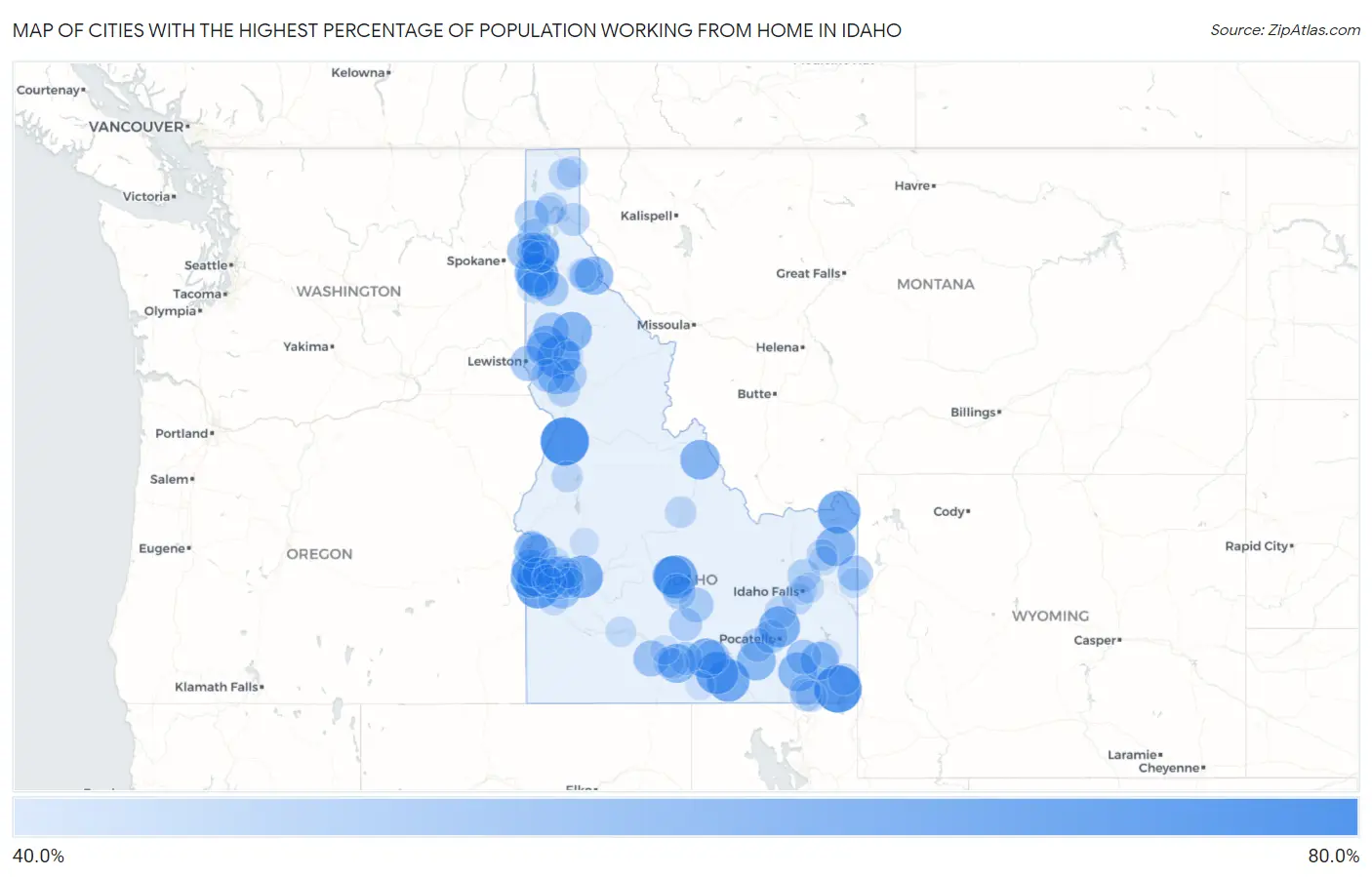 Cities with the Highest Percentage of Population Working from Home in Idaho Map