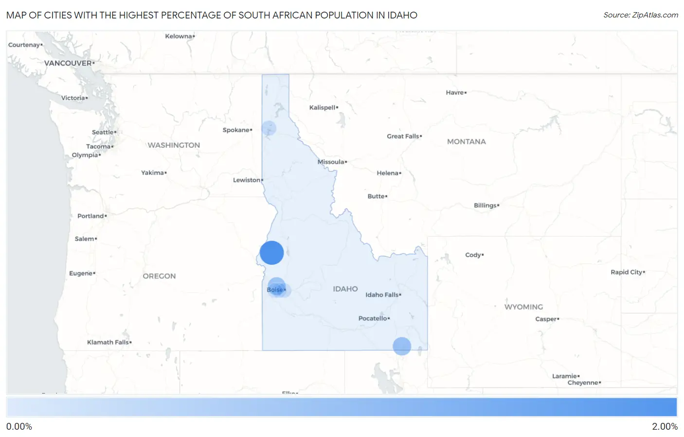 Cities with the Highest Percentage of South African Population in Idaho Map