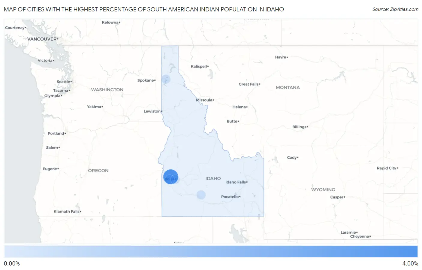 Cities with the Highest Percentage of South American Indian Population in Idaho Map