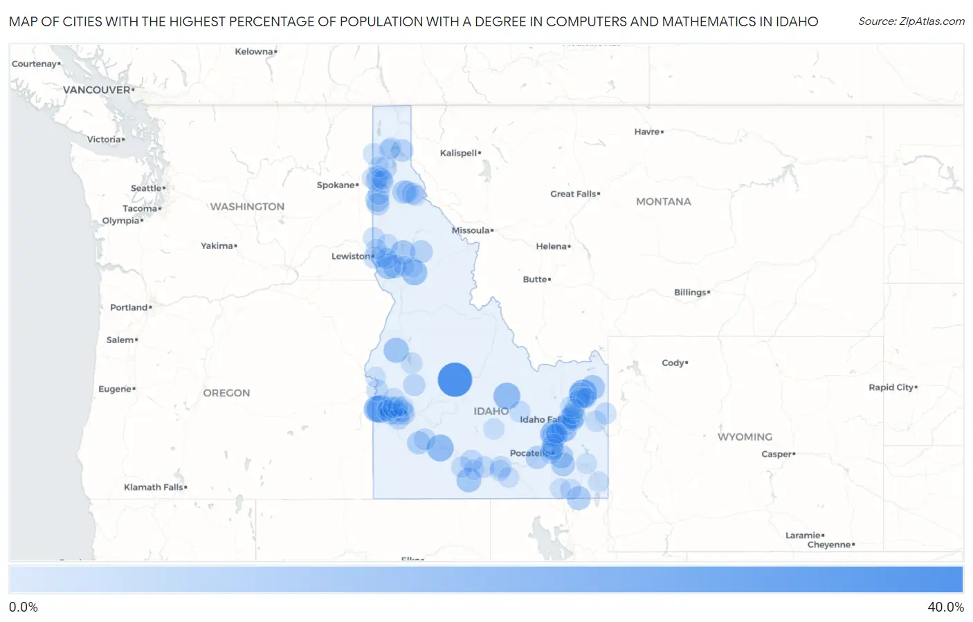 Cities with the Highest Percentage of Population with a Degree in Computers and Mathematics in Idaho Map