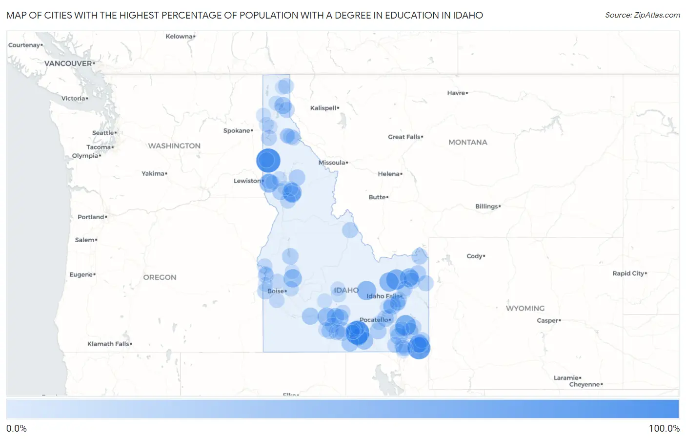 Cities with the Highest Percentage of Population with a Degree in Education in Idaho Map