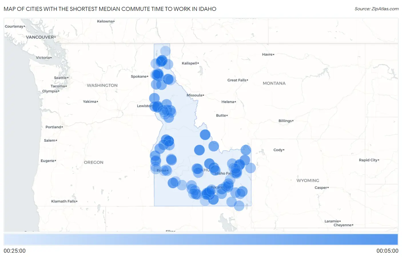 Cities with the Shortest Median Commute Time to Work in Idaho Map