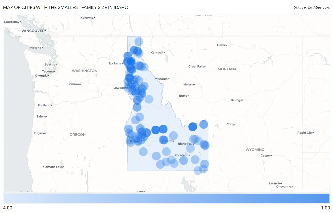 Cities with the Smallest Family Size in Idaho Map