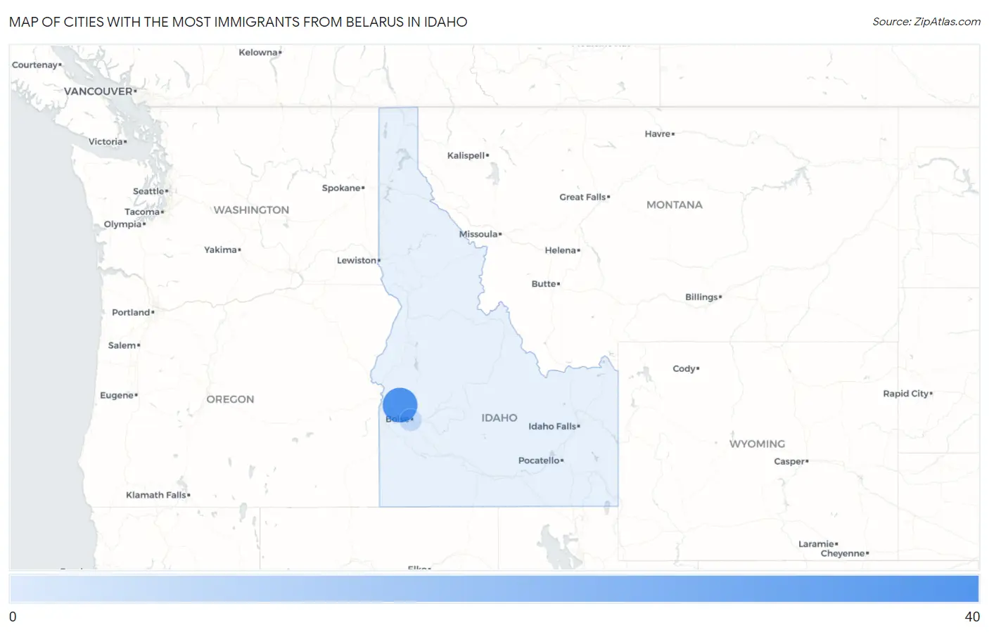 Cities with the Most Immigrants from Belarus in Idaho Map