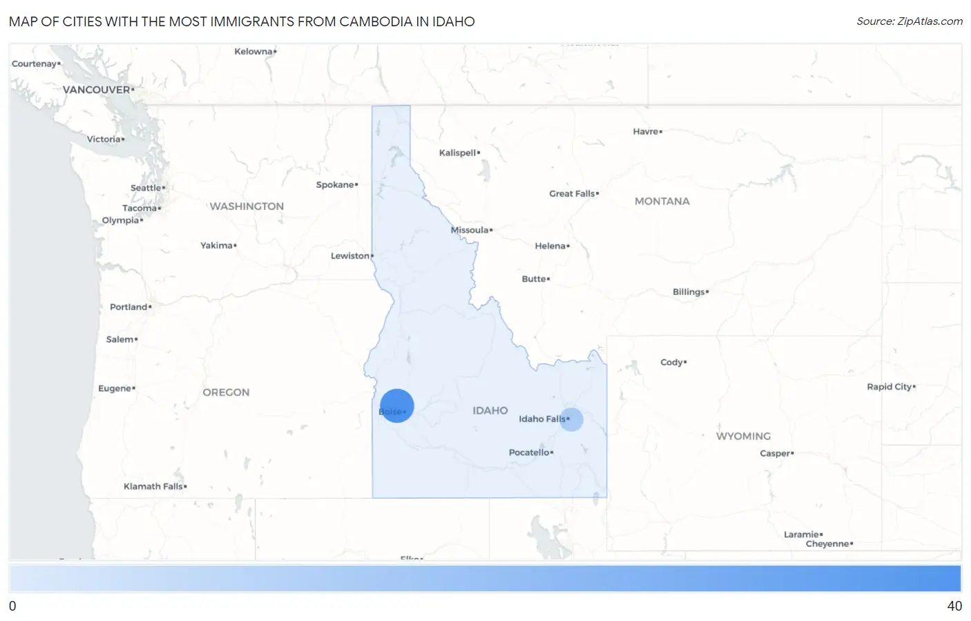 Cities with the Most Immigrants from Cambodia in Idaho Map