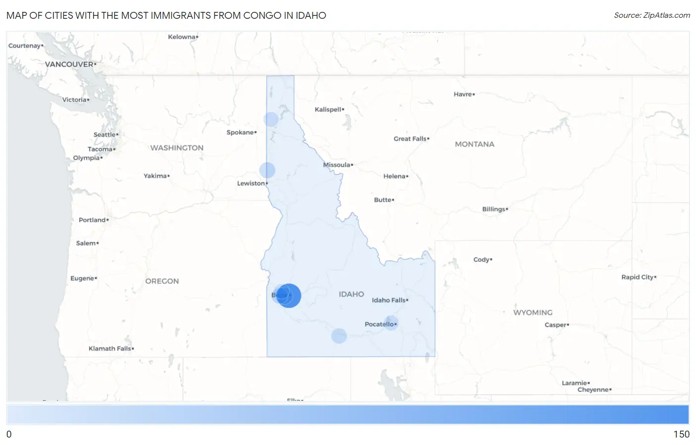 Cities with the Most Immigrants from Congo in Idaho Map