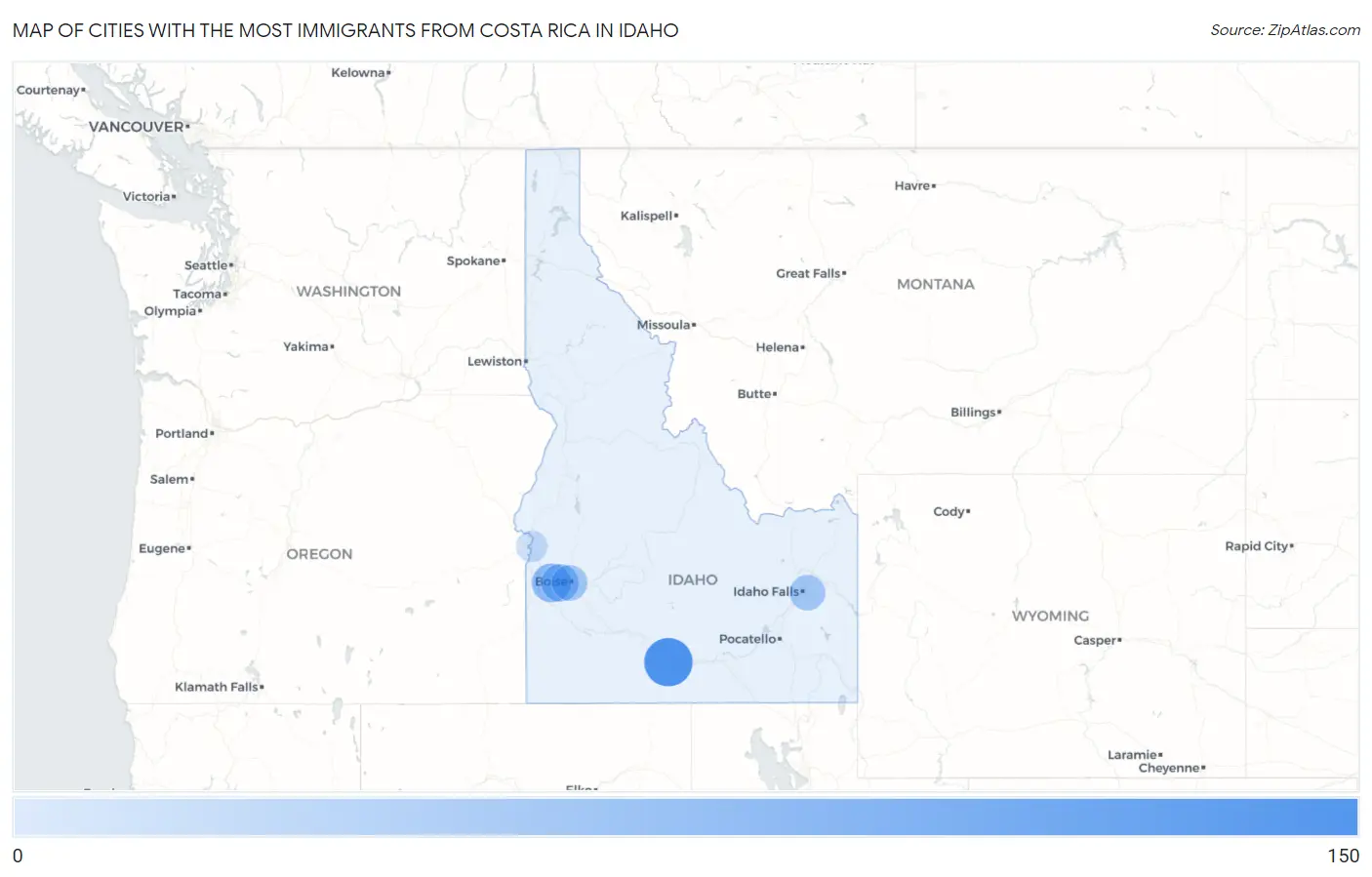 Cities with the Most Immigrants from Costa Rica in Idaho Map
