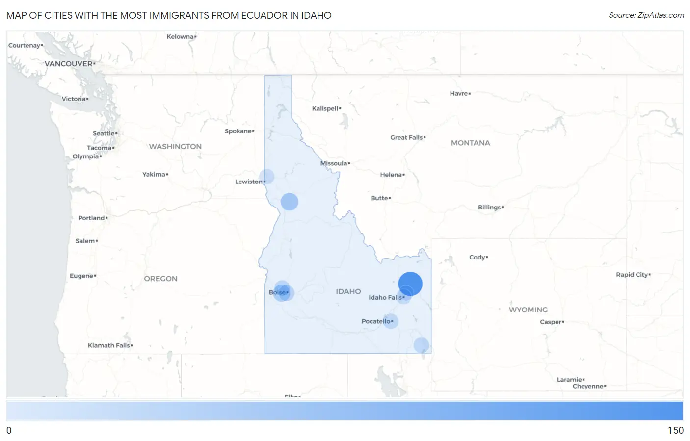 Cities with the Most Immigrants from Ecuador in Idaho Map