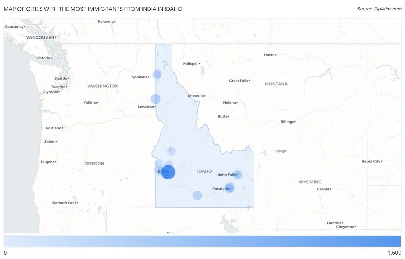 Cities with the Most Immigrants from India in Idaho Map