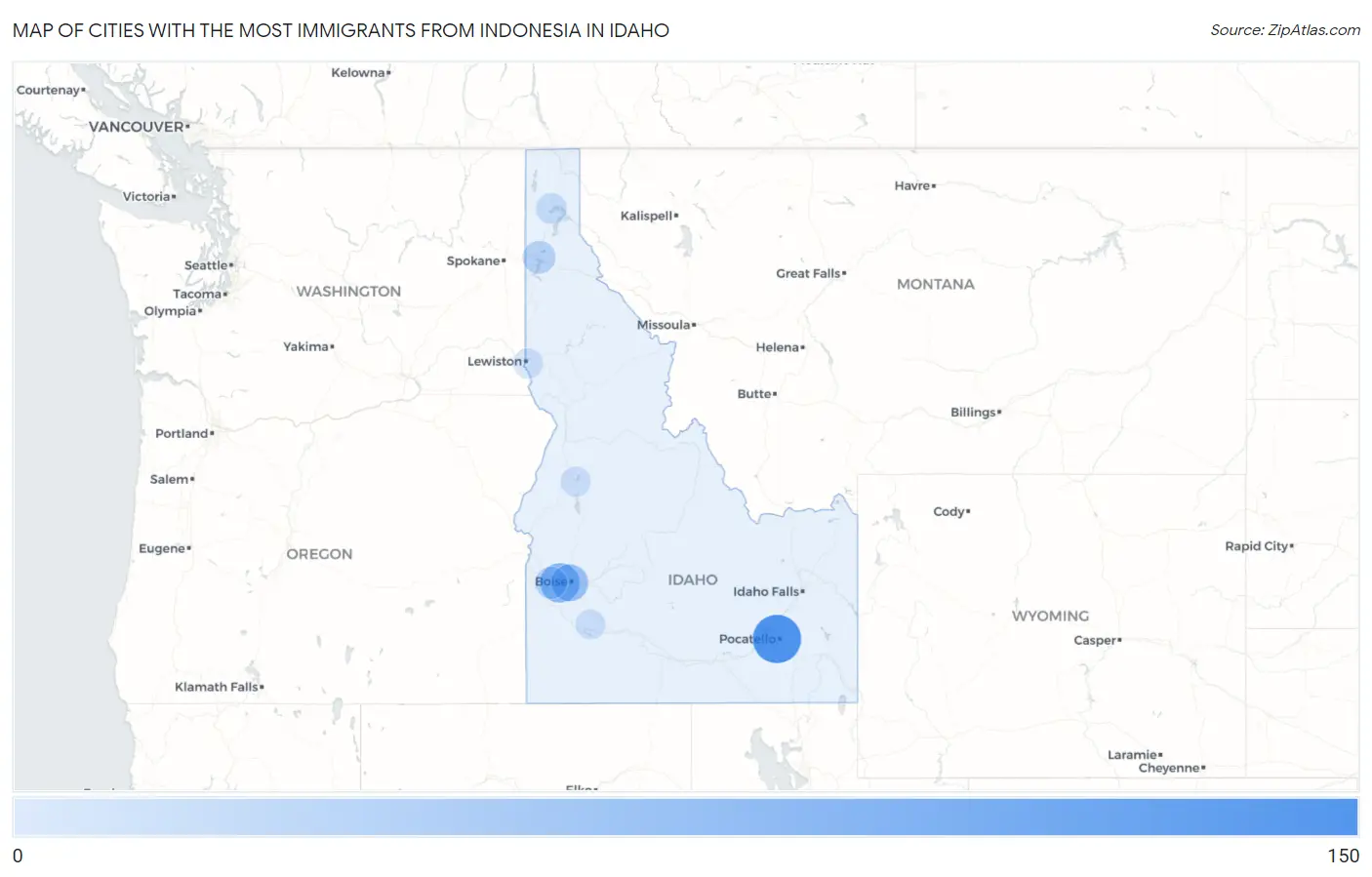 Cities with the Most Immigrants from Indonesia in Idaho Map