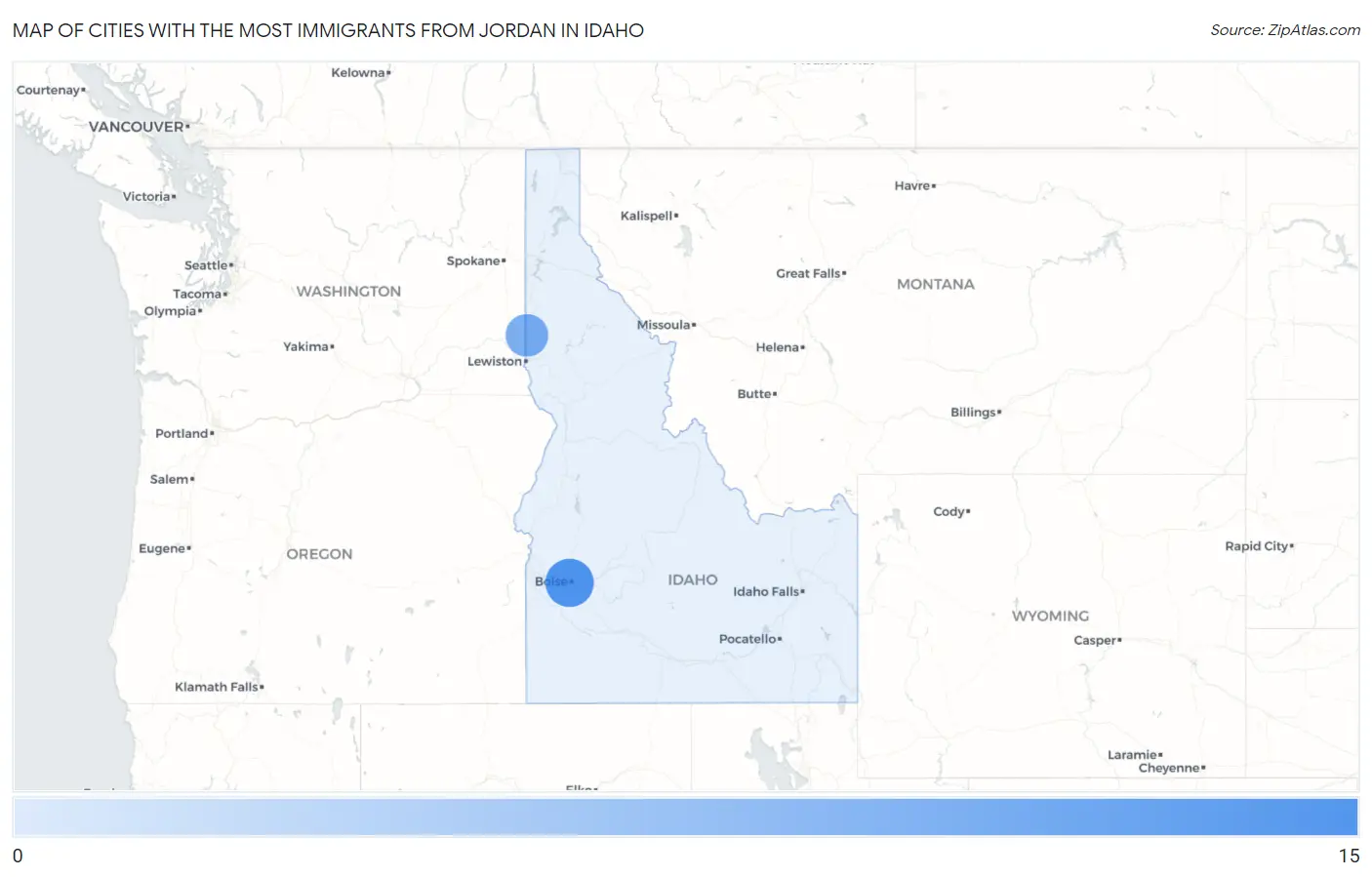 Cities with the Most Immigrants from Jordan in Idaho Map