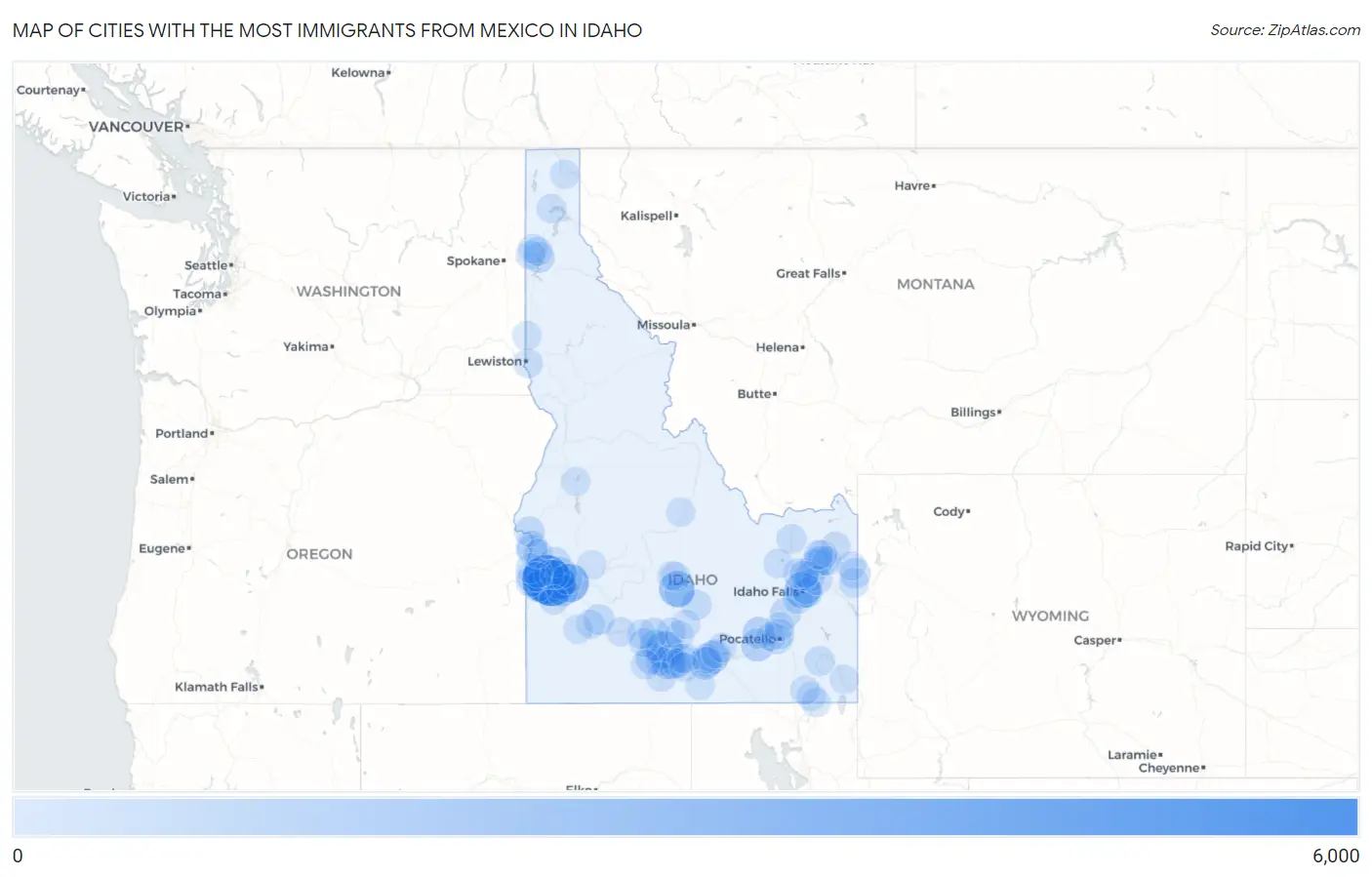Cities with the Most Immigrants from Mexico in Idaho Map