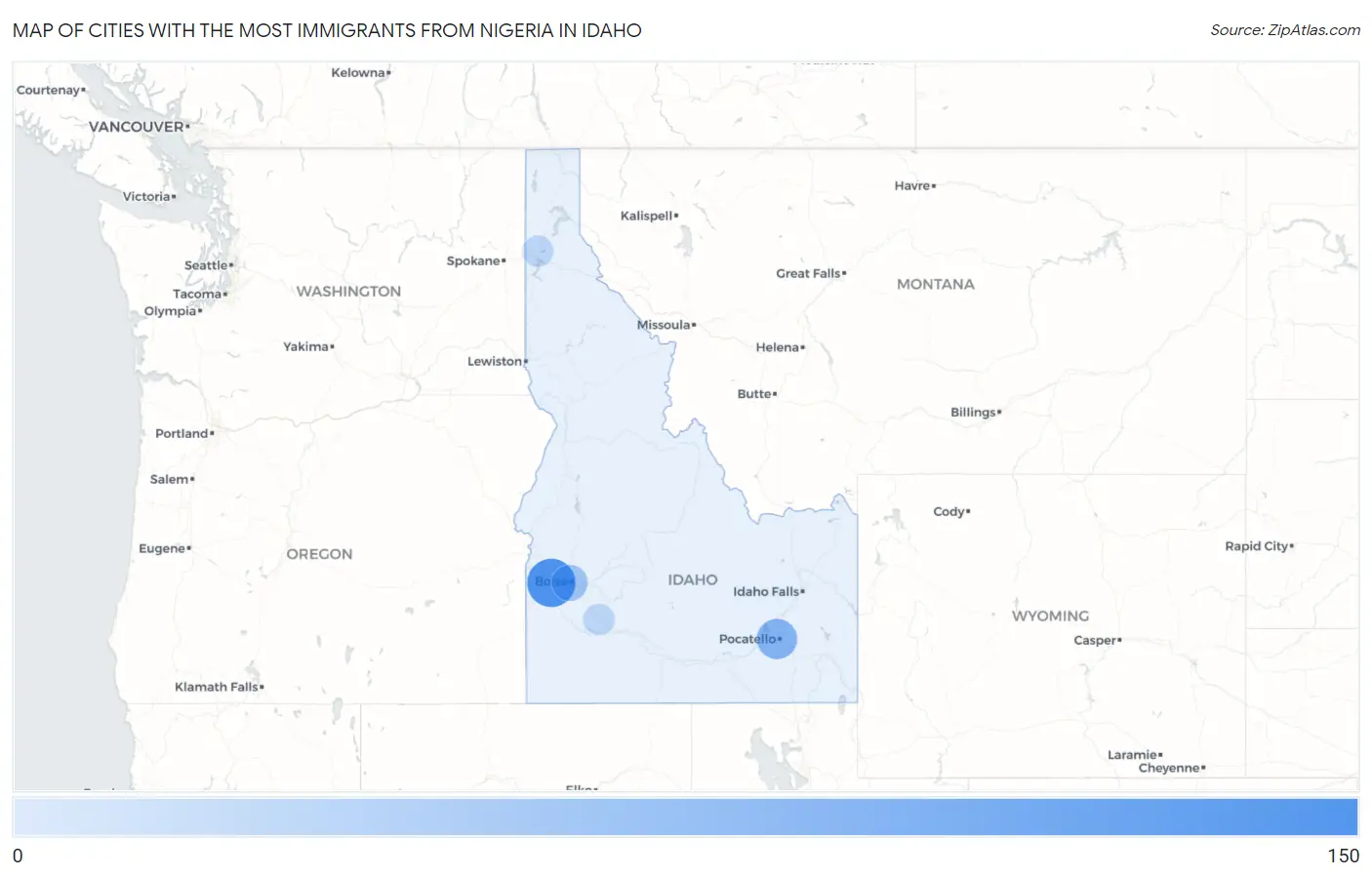 Cities with the Most Immigrants from Nigeria in Idaho Map