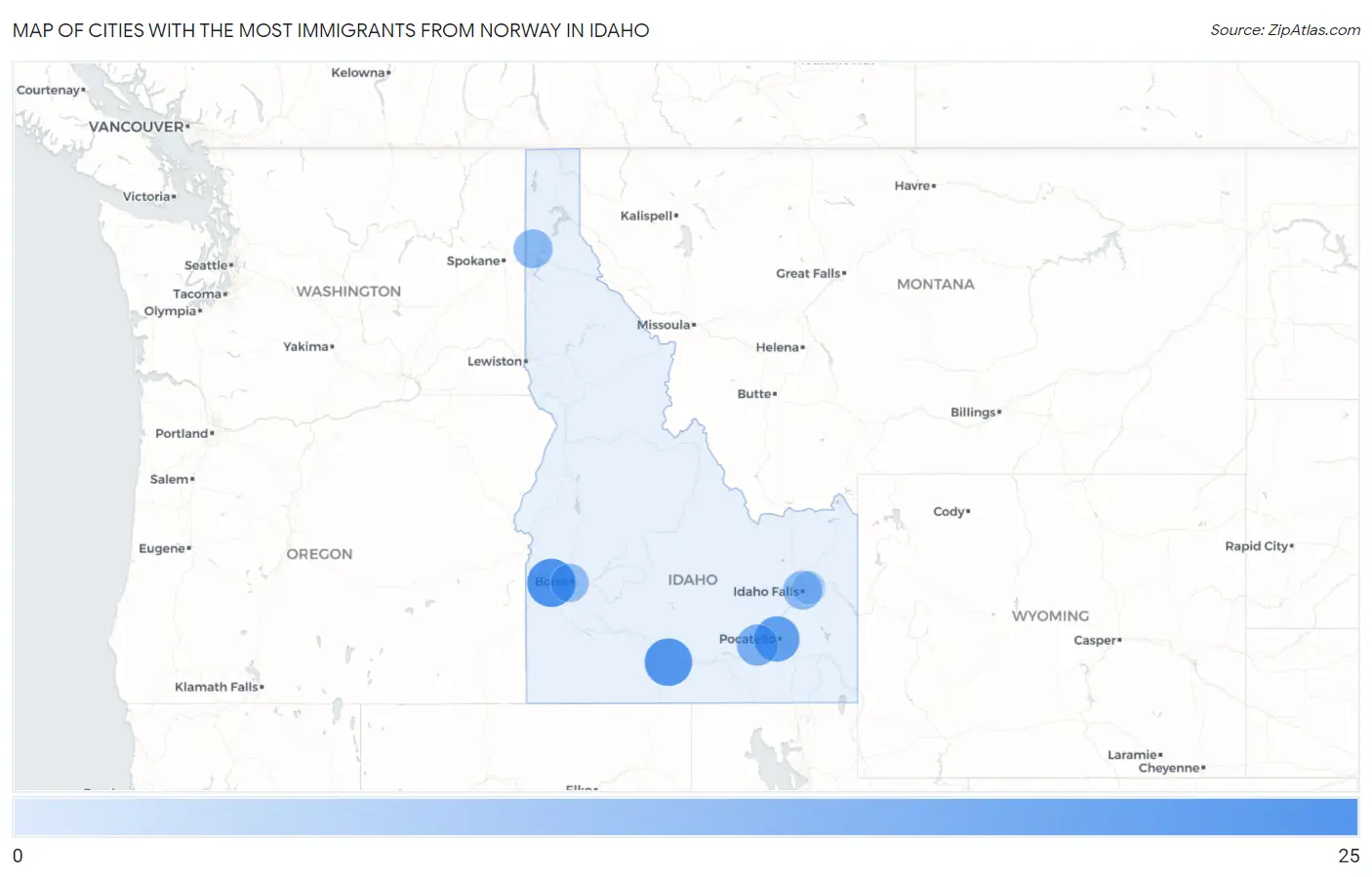 Cities with the Most Immigrants from Norway in Idaho Map